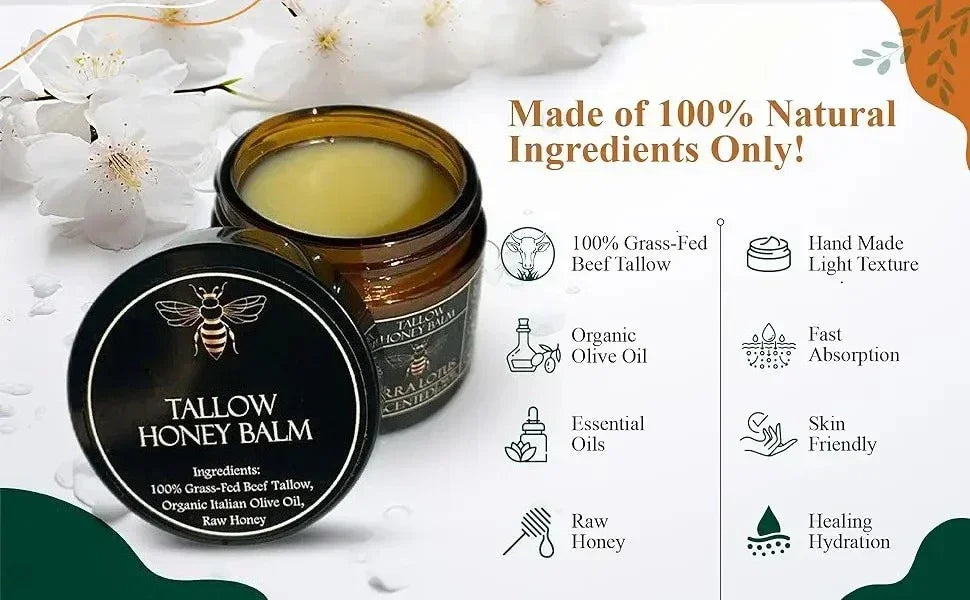 Organic Grass Fed Beef Tallow Balm with Raw Honey Moisturizing Cream – Handmade All Natural Face and Body Moisturizer for Soft Smooth Skin