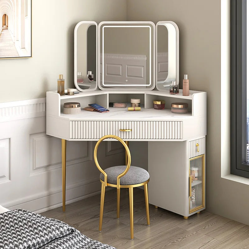 Luxury Solid Wood Corner Dressing Table with Mirror and Stool – Modern Minimalist Bedroom Furniture