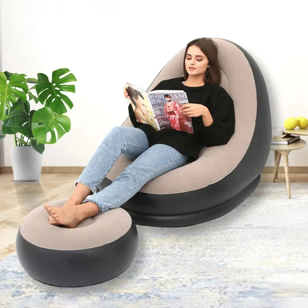 Lazy Inflatable Lounge Chair for Adults – Folding Portable Sofa with Foot Stool, Air Couch for Living Room & Bedroom