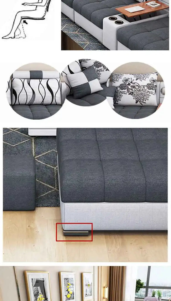 Modern U-Shaped Fabric Sofa Set with USB & Stools – Living Room Couch, Customizable Colors