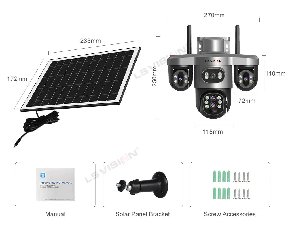 LS VISION 20MP 4-Lens Three Screen 4G/WiFi Solar Security Camera with 10X Optical Zoom and Auto Tracking