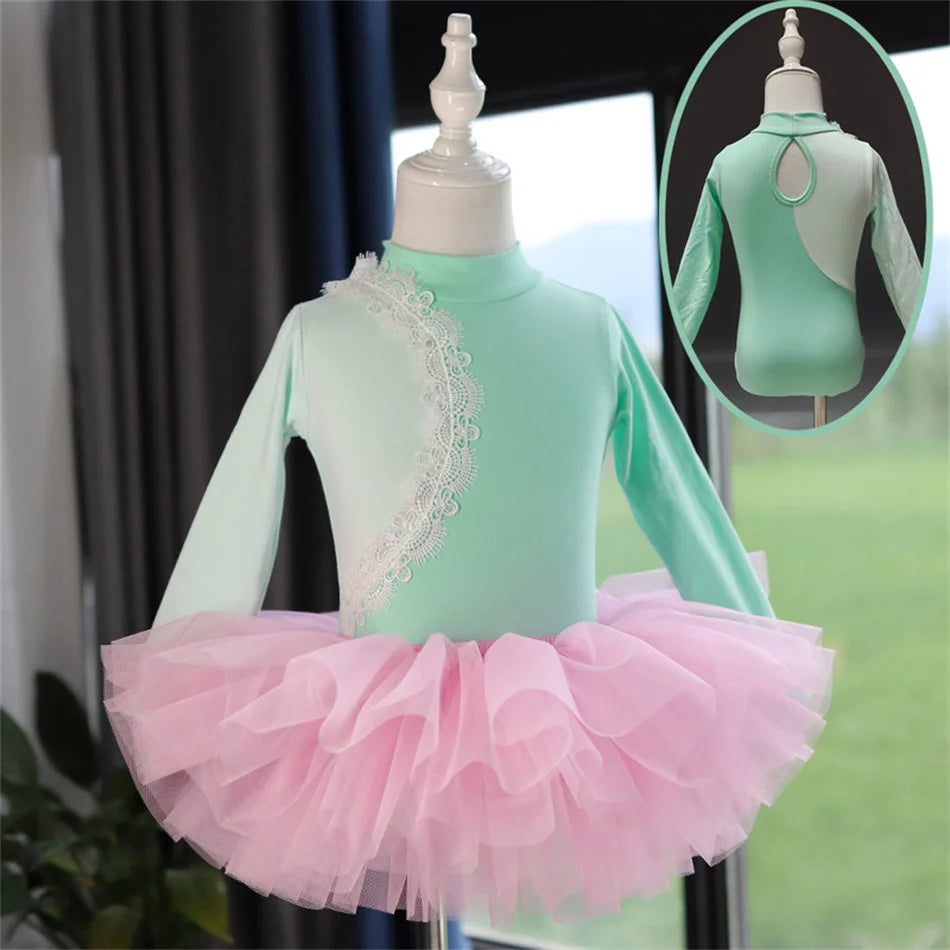 Girls Long Sleeve Ballet Dress Kids Ballet Leotard Tutu Skirt Gymnastics Dance Costume