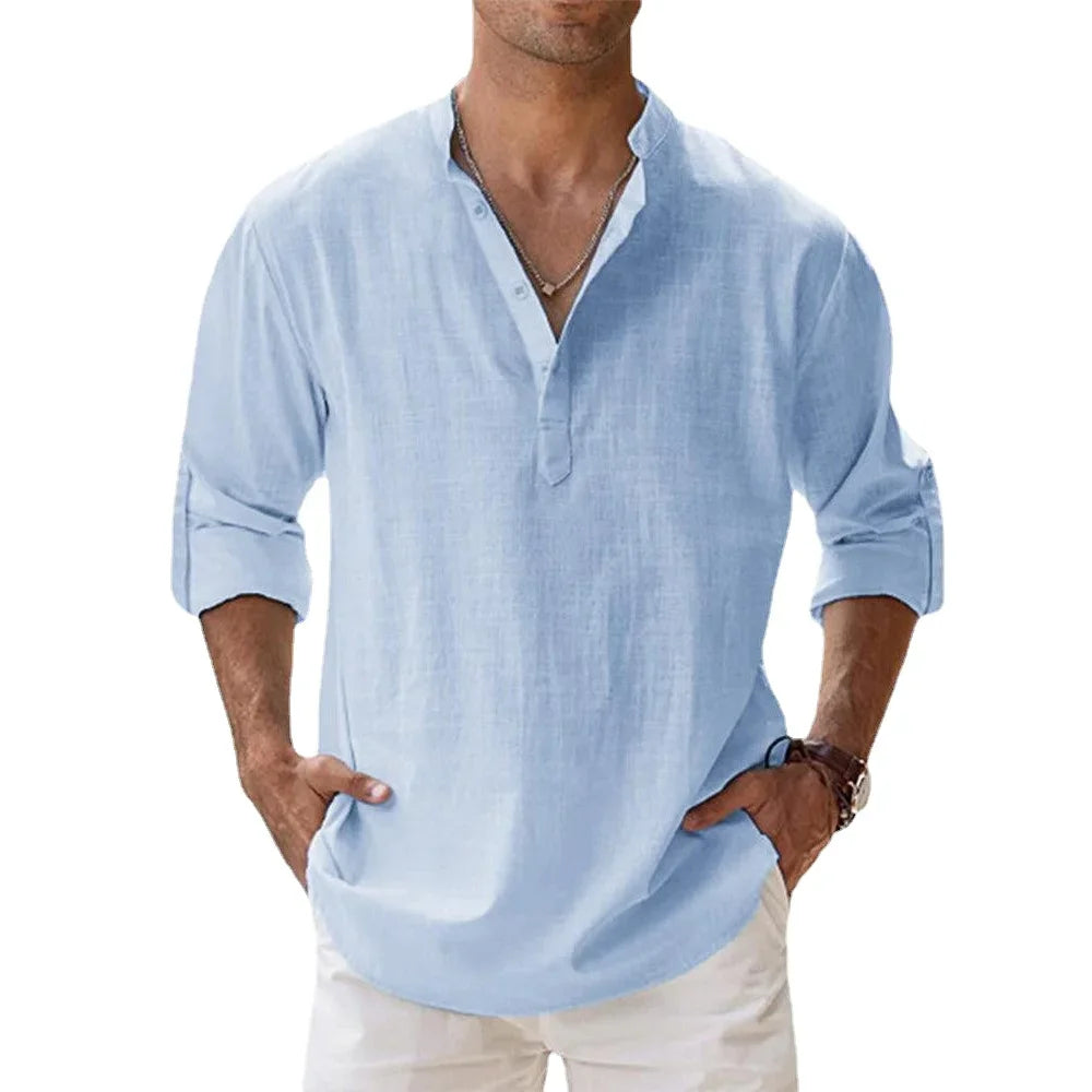 Men’s Cotton Linen Henley Short Sleeve Casual Shirt – Summer Beach & Everyday Wear