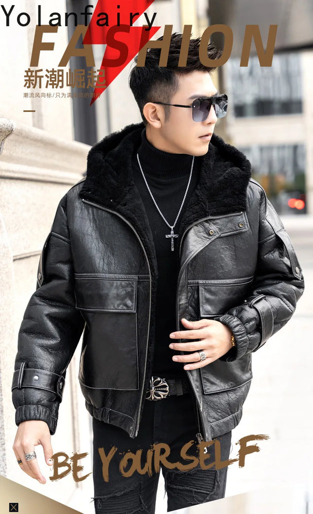 Men’s Natural Sheepskin Leather Jacket with Real Fur Hood – Winter Wool Lined Fur Coat