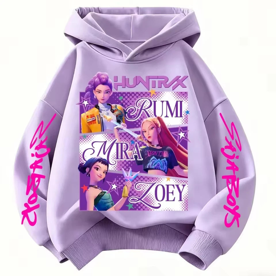 Cute Girls Hooded Sweatshirt KPop Demon Hunter Cartoon Casual Top – Purple & Pink