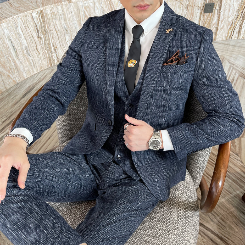 Men’s Modified Plaid Three-Piece Suit – Slim Fit England Style Vest & Trousers Set