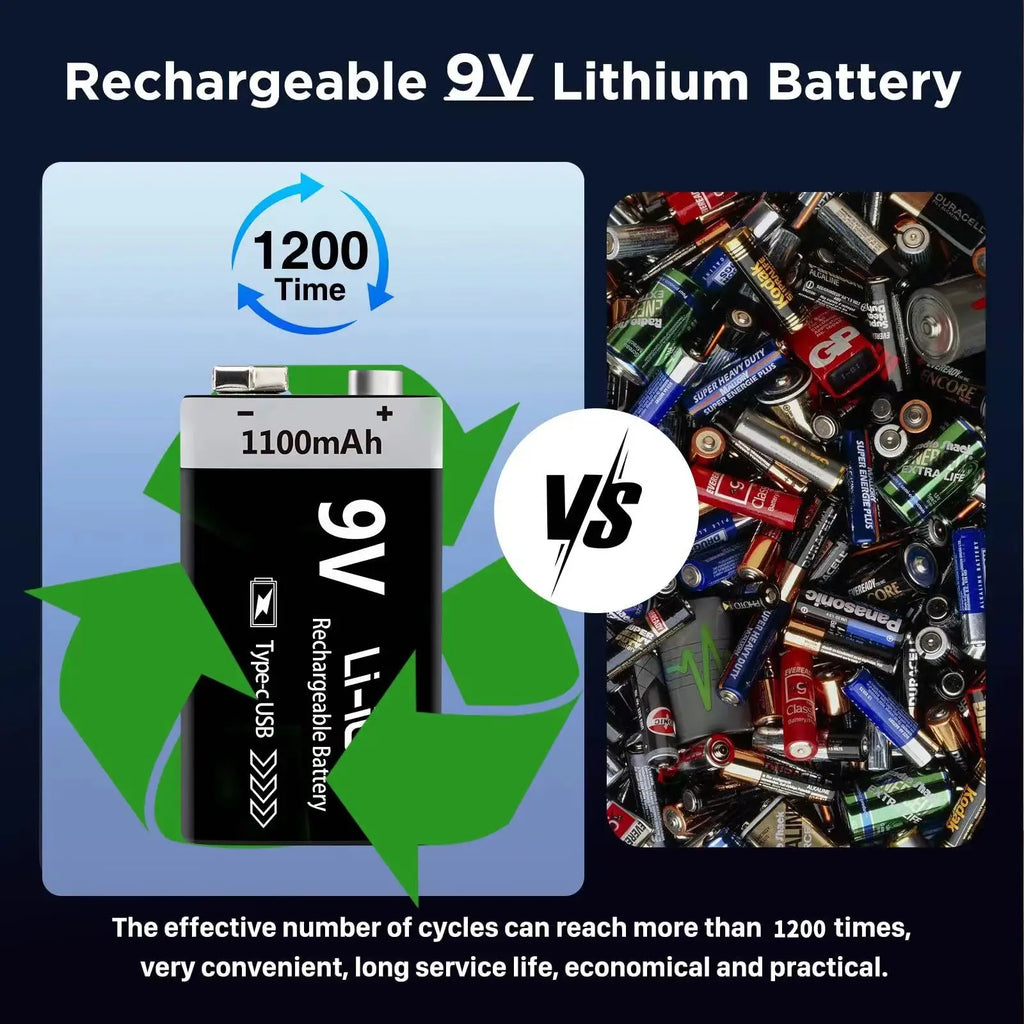 MATOV 9V 1100mAh USB Rechargeable Li-ion Battery – Type-C Charging | Long-Lasting Power for RC, Multimeters, Alarms & More