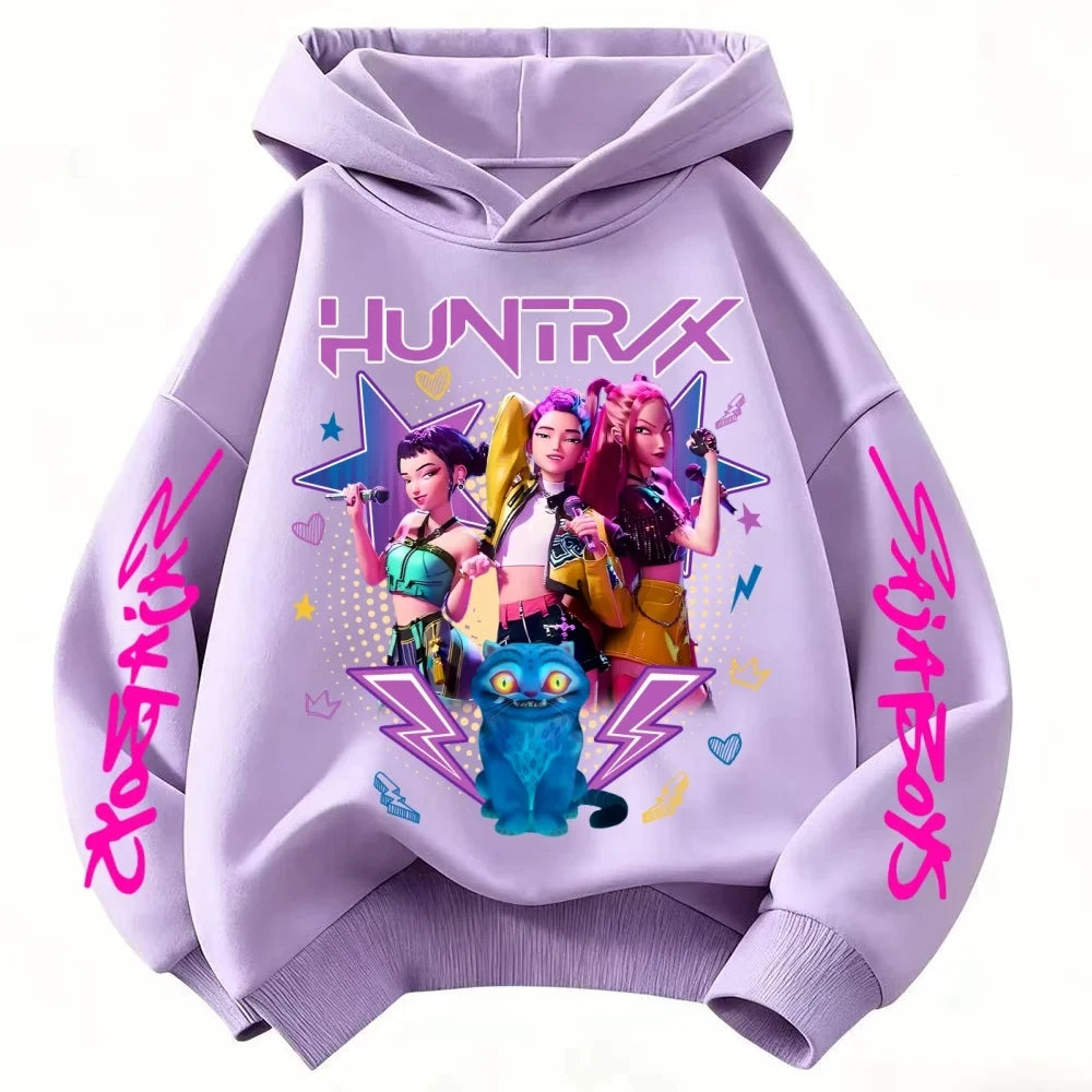 Cute Girls Hooded Sweatshirt KPop Demon Hunter Cartoon Casual Top – Purple & Pink