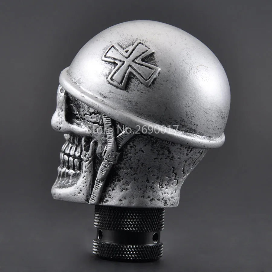 Silver Skull Helmet Universal Car Gear Shift Knob Lever – Heavy Resin & Metal Shifter for SUV, Truck, Coupe & Hatchback
