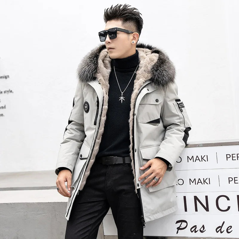 Real Mink Fur Inner Coat Men 90% Down 10% Feather Winter Mid-Length Jacket with Hood and Fox Fur Collar