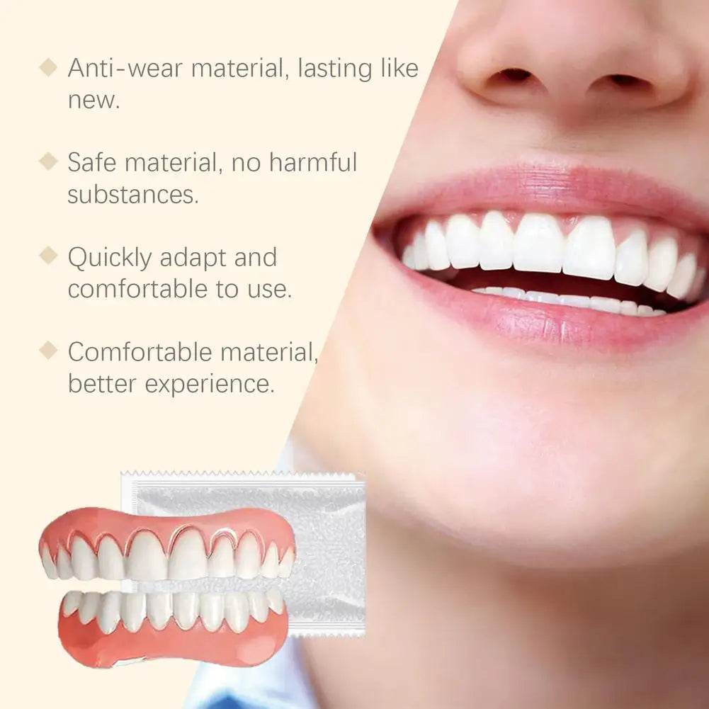 Full Denture Fake Teeth Set with Silicone Upper & Lower Veneers – Natural Fit Smile Kit with Adhesive Gel