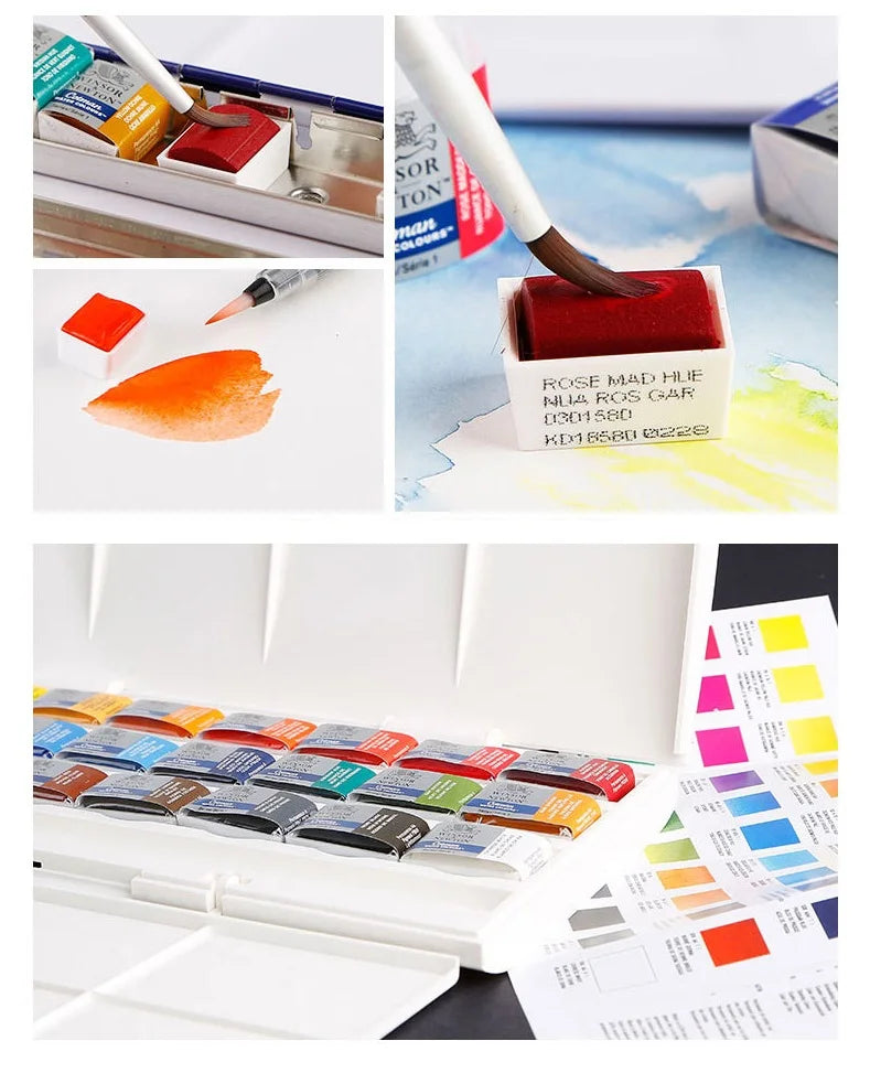 Winsor & Newton Cotman Solid Watercolor Paint Set 45 Piece Half Pan Set with Brush Portable Artist Ca