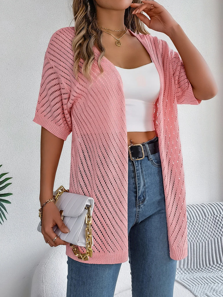 Casual Hollow Out Knitted Short Sleeve Cardigan for Women