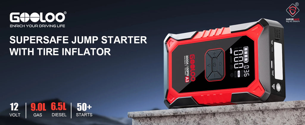 GOOLOO A3 3000A Portable Car Jump Starter with Air Compressor, 150PSI Auto-Shutoff, 12000mAh Battery for Gas & Diesel Engines