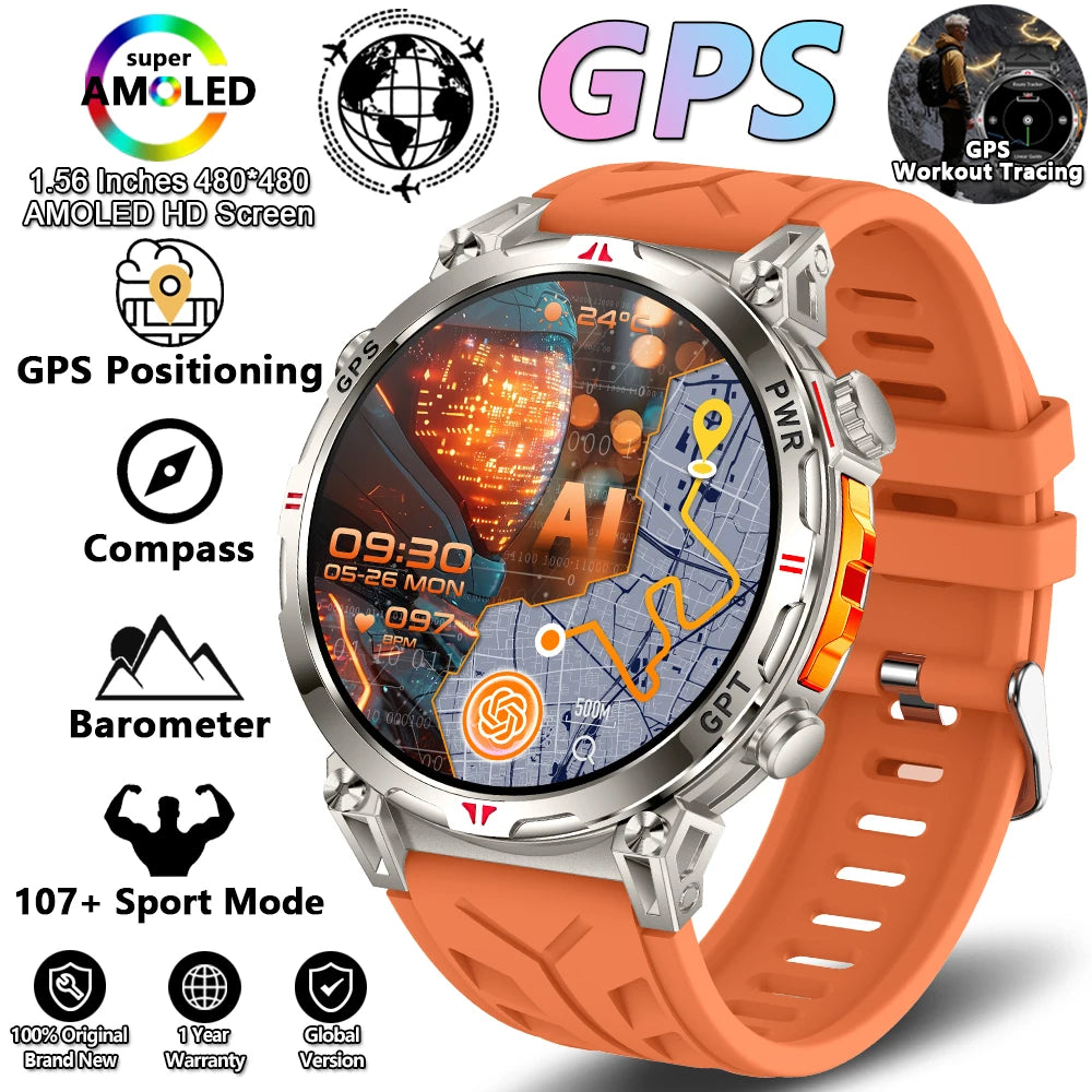 Outdoor Sports Smartwatch for Men – GPS, 1.56-inch AMOLED, 5ATM Waterproof, 650mAh Battery, Compass & HD Call