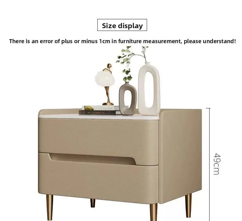 Luxury Modern Nightstand with Drawer, Glossy Marble Top, Gold Metal Legs, Faux Leather Bedside Table