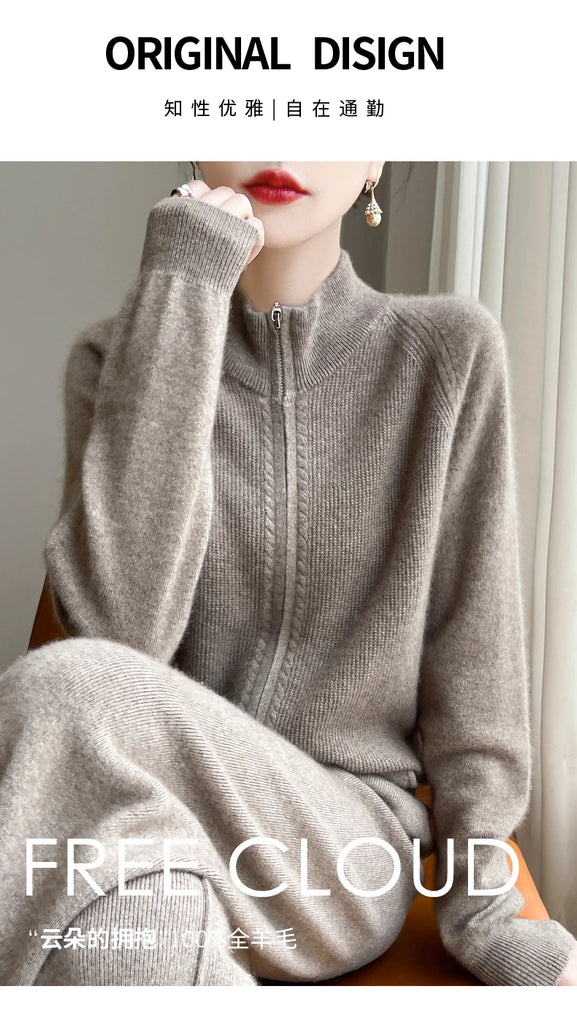 100% Wool Women’s Zipper Turtleneck Sweater – Casual Loose Knit Cardigan for Autumn/Winter