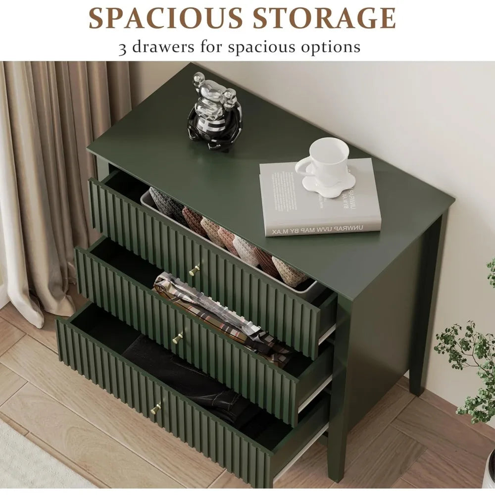 Green Fluted 3 Drawer Modern Dresser Nightstand – 32 Inch Wide Wood Chest of Drawers