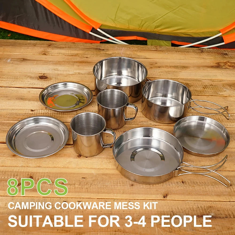8PCS Stainless Steel Camping Cookware Mess Kit – Lightweight, Durable & Ready for Adventure