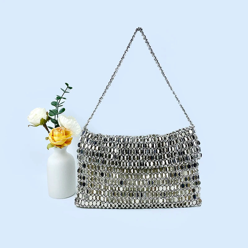 Retro Silver Sequin Metal Handwoven Shoulder Bag – High-End Women’s Square Handbag