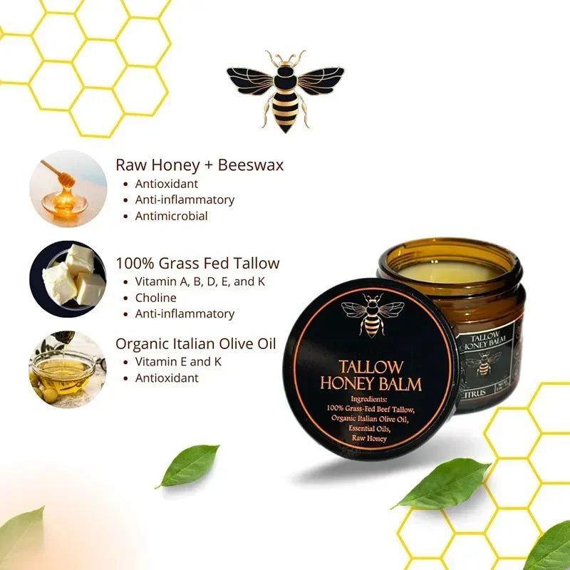 Organic Grass Fed Beef Tallow Balm with Raw Honey Moisturizing Cream – Handmade All Natural Face and Body Moisturizer for Soft Smooth Skin