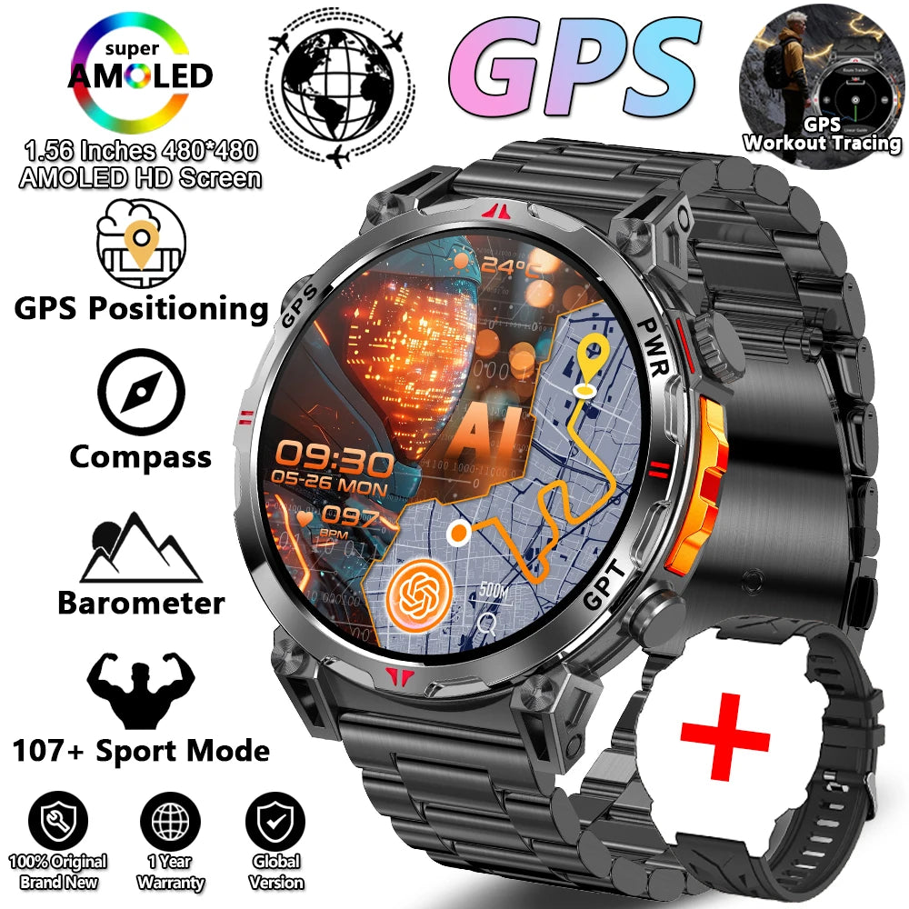 Outdoor Sports Smartwatch for Men – GPS, 1.56-inch AMOLED, 5ATM Waterproof, 650mAh Battery, Compass & HD Call