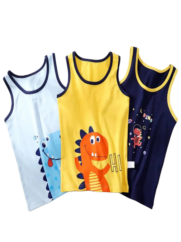 Boys Cartoon Dino Car Cotton Tank Top Singlet Underwear – Kids Summer Undershirt 3-10T