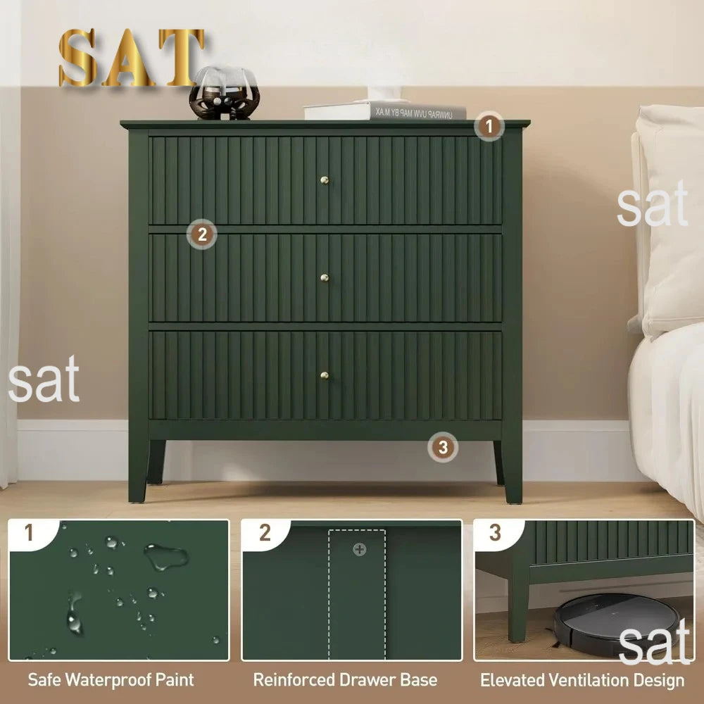 Green Fluted 3 Drawer Modern Dresser Nightstand – 32 Inch Wide Wood Chest of Drawers