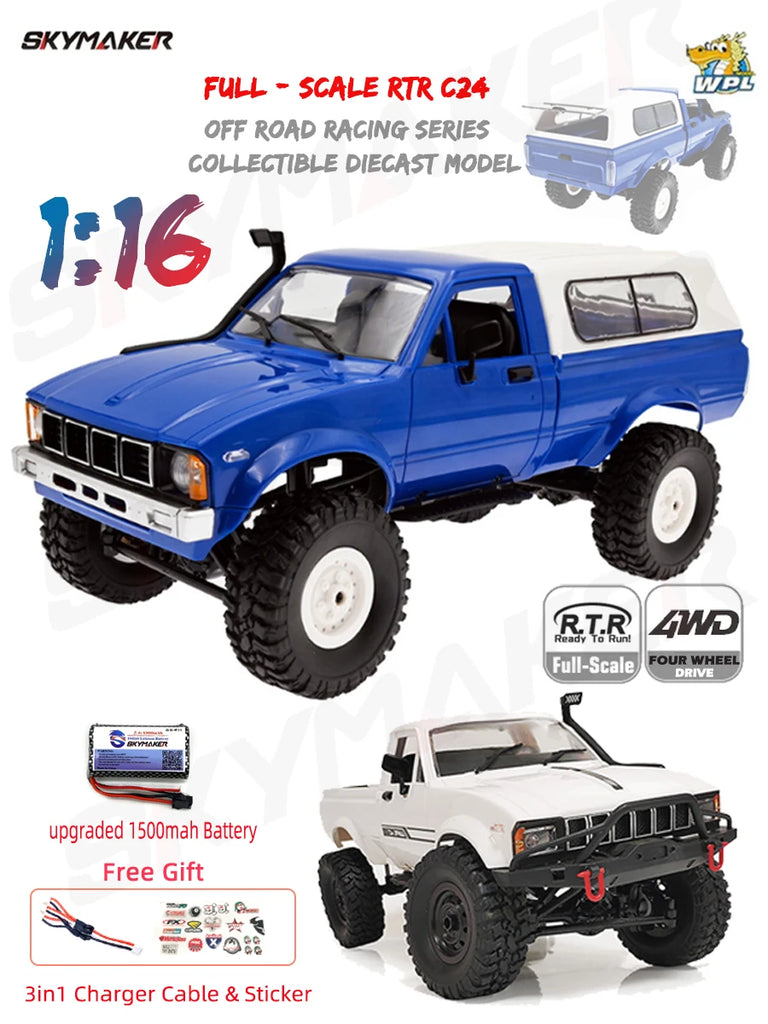 WPL C24-1 1:16 Scale 4WD RC Rock Crawler Truck with LED Lights – 2.4G Remote Control Off-Road Buggy