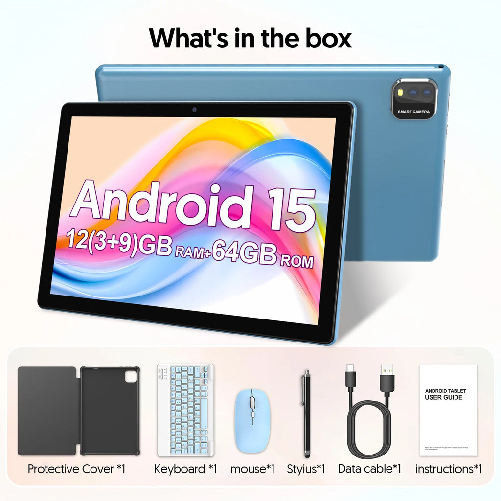 BAKEN 10-Inch Android 15 Tablet – Quad Core Processor, 12GB RAM (3GB+9GB), 64GB Storage, 1280x800 HD Display, Dual Camera, 5G WiFi