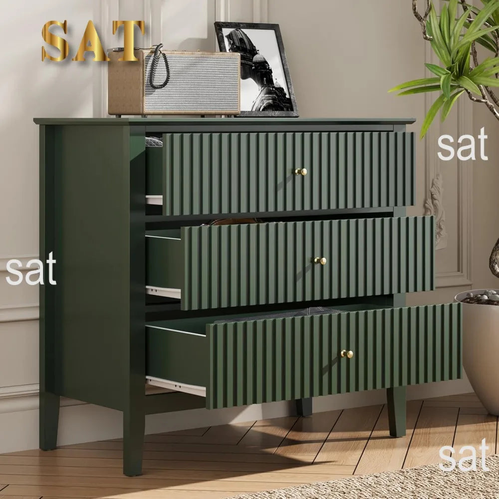 Green Fluted 3 Drawer Modern Dresser Nightstand – 32 Inch Wide Wood Chest of Drawers