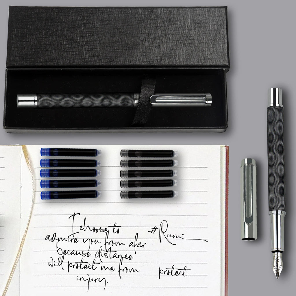 Luxury Flowing Curve Metal Fountain Pen Medium Nib Writing & Calligraphy Set Gift Box