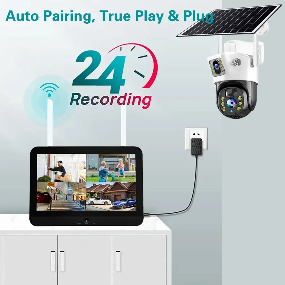 100% Wire-Free Solar PTZ Dual Lens 12.5" LCD Monitor 10CH WiFi NVR 8MP 4K Wireless Home Security Camera System