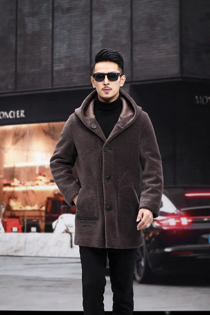 Men’s Winter Casual Thick Fleece Hooded Waterproof Jacket with Real Fur Wool Coat