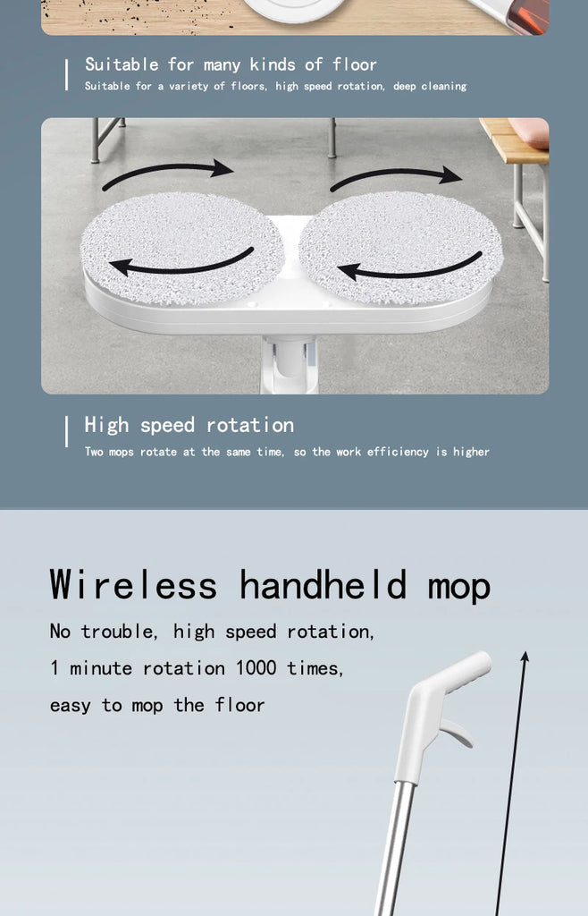 Wireless Electric Spin Mop Cleaner 2-in-1 Wet & Dry Floor, Glass & Window Scrubber