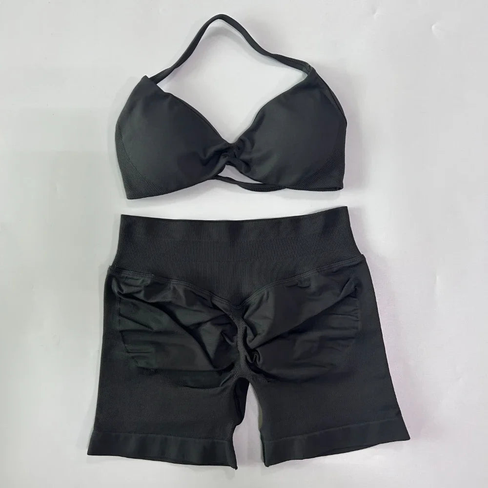 Women’s 2-Piece Seamless Gym Set – Strappy Yoga Bra & High-Waist Scrunch Shorts Workout Suit