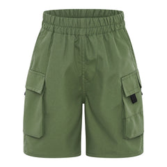 Kids Boys Solid Color Cargo Shorts with Elastic Waistband and Multiple Pockets