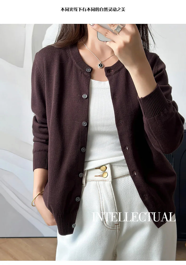 100% Cotton Women’s O-Neck Solid Cardigan – Luxury Designer Pullover