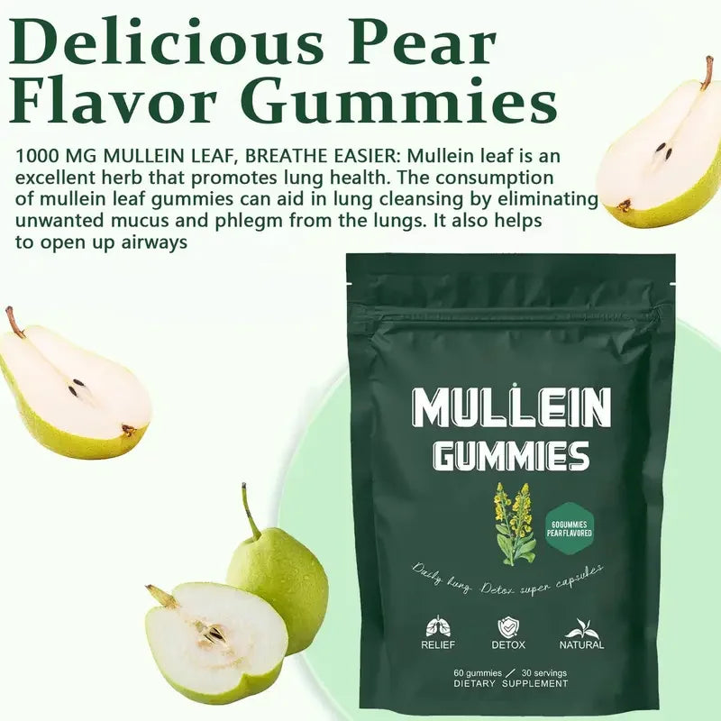 2 Bag Mullein Gummies for Lung Detox 2000mg Mullein Leaf Extract 60 Gummies per Bag Respiratory Digestive Immune Support