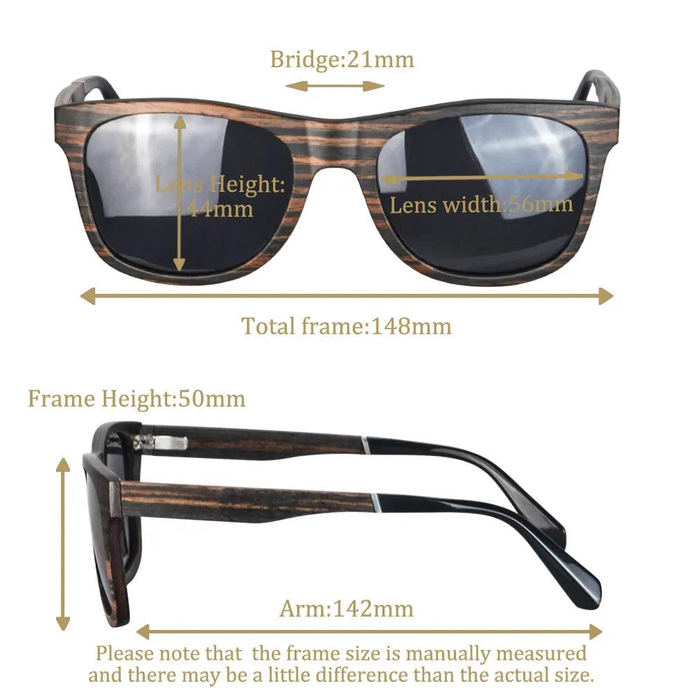 SHINU Handmade Natural Wood Polarized Sunglasses – Ebony, Zebra & Red Sandalwood UV400 Rectangle Frame for Men & Women