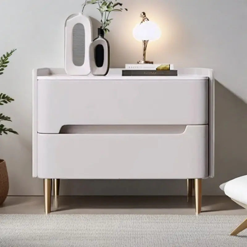 Luxury Modern Nightstand with Drawer, Glossy Marble Top, Gold Metal Legs, Faux Leather Bedside Table