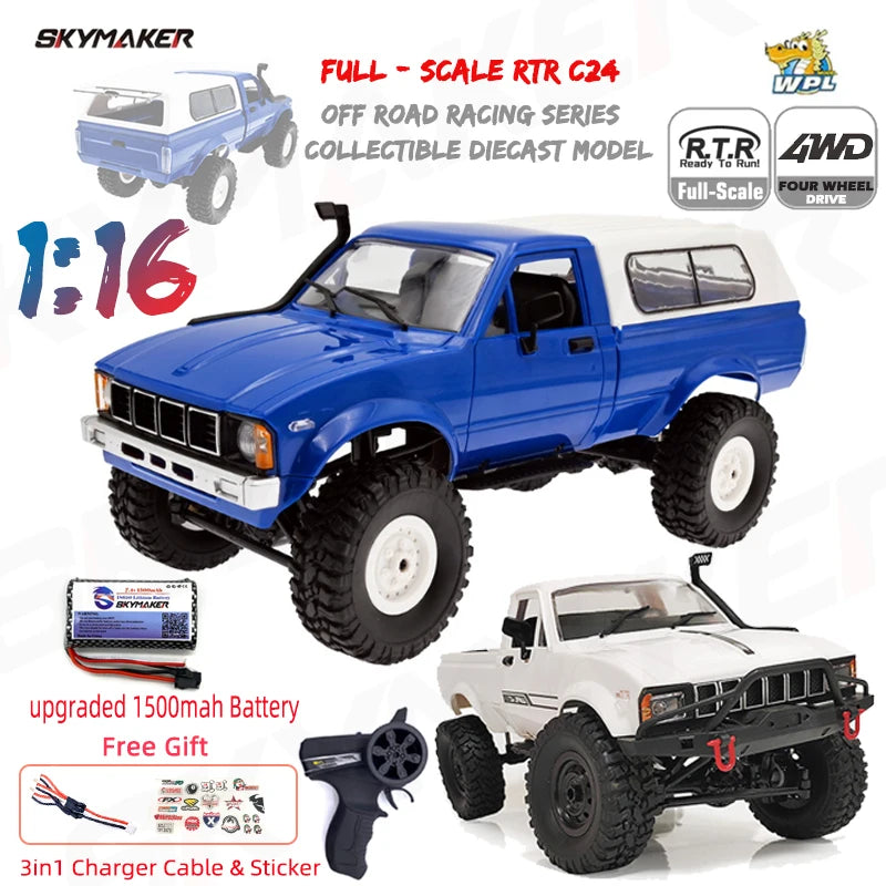 WPL C24-1 1:16 Scale 4WD RC Rock Crawler Truck with LED Lights – 2.4G Remote Control Off-Road Buggy