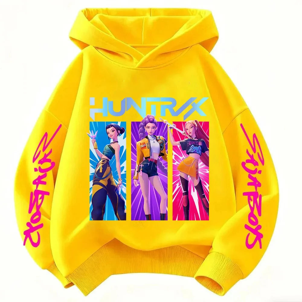 Cute Girls Hooded Sweatshirt KPop Demon Hunter Cartoon Casual Top – Purple & Pink
