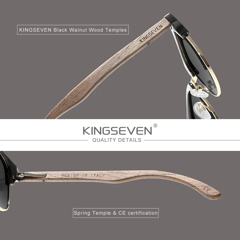 KINGSEVEN Handmade Black Walnut Wooden Polarized UV400 Sunglasses Semi-Rimless Retro Eyewear