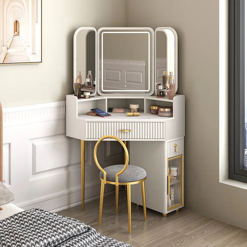 Luxury Solid Wood Corner Dressing Table with Mirror and Stool – Modern Minimalist Bedroom Furniture