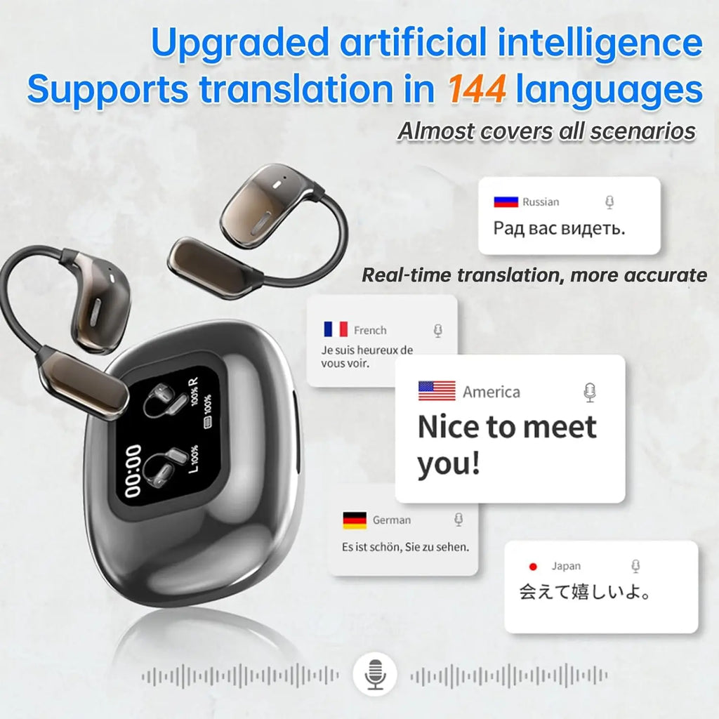 UYUXIO AI Language Translation Earbuds with Real-Time LCD Touch Screen – Open Ear Wireless Headphones, 144 Languages, Long Battery Life