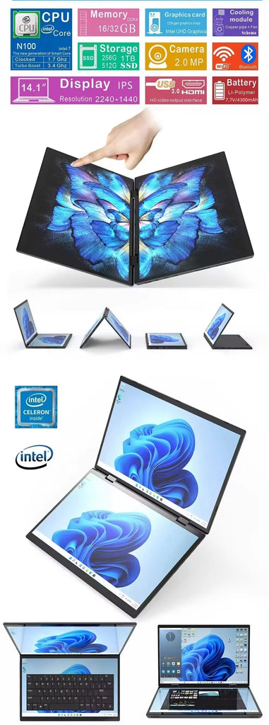 Dual Screen 14+14 Inch 2K Touchscreen 2-in-1 Laptop 16GB/32GB Intel N100 CPU 360° Flip Metal Case