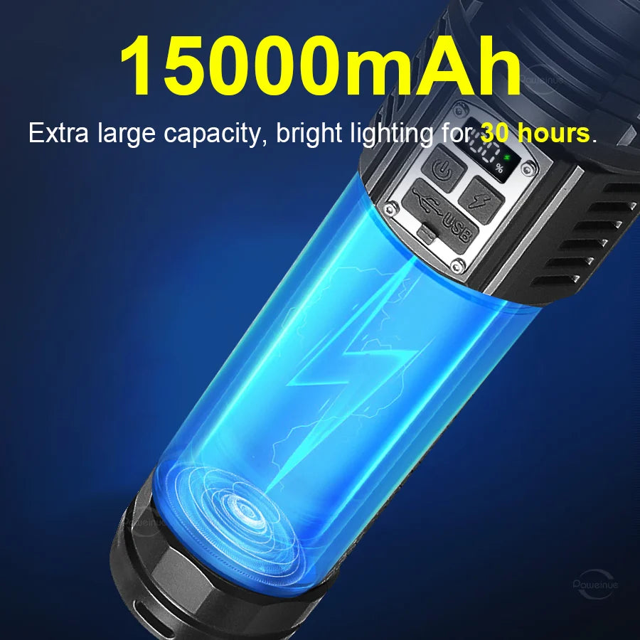UltraBright™ 1500W Rechargeable LED Flashlight – 6,000M Long Range Tactical Torch (Built-in Power Bank)