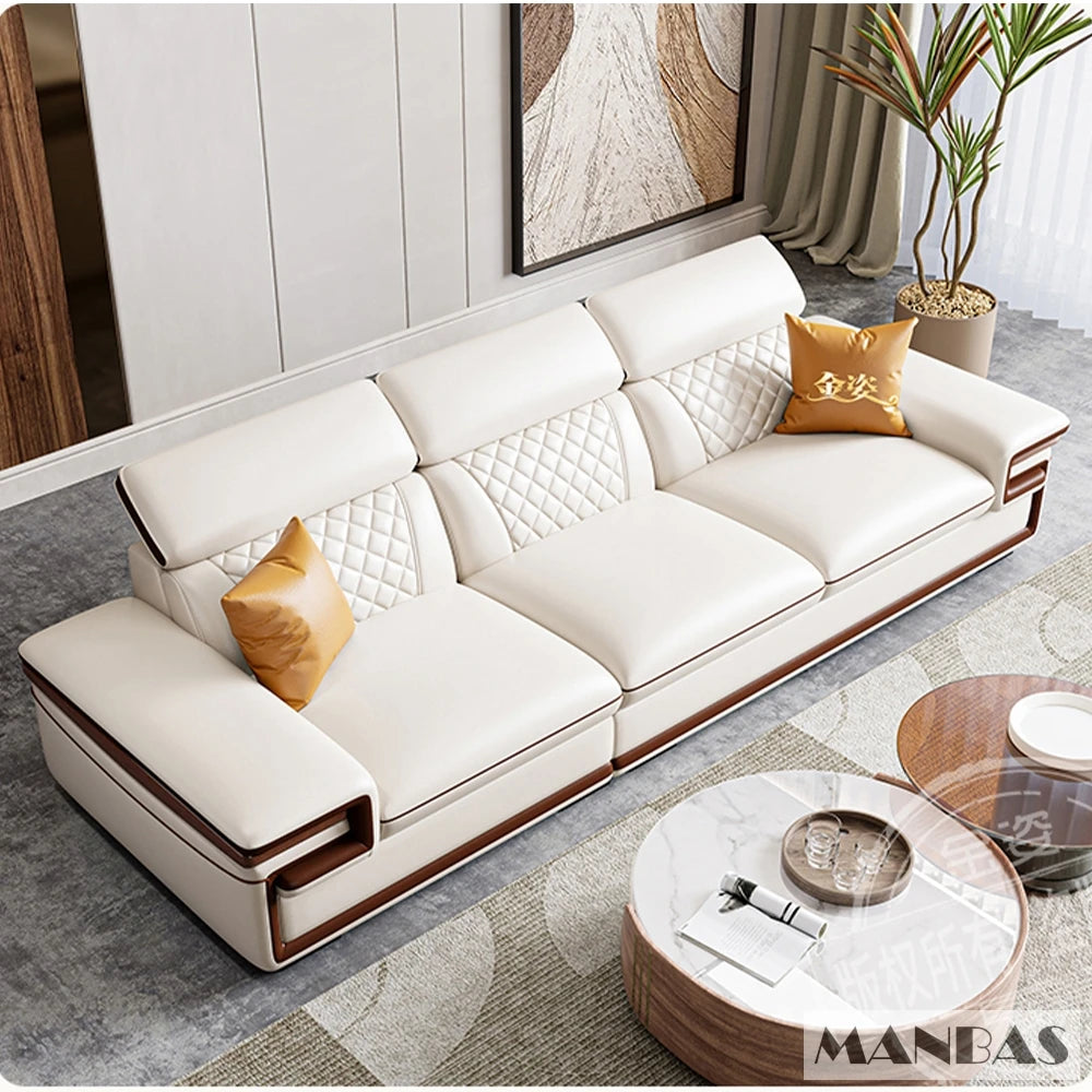 MINGDIBAO Italian Genuine Leather L-Shaped Sofa Set with Adjustable Headrests, Bluetooth Speaker & Wireless Charging