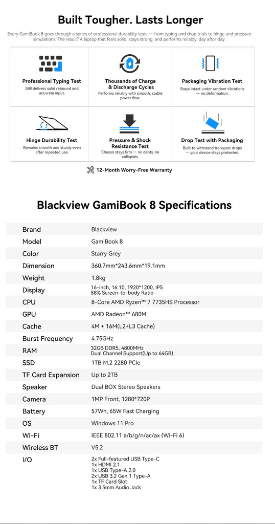 Blackview GamiBook 8 Laptop 16" AMD Ryzen 7 7735HS 16GB DDR5 512GB SSD Windows 11 Pro Wi-Fi 6